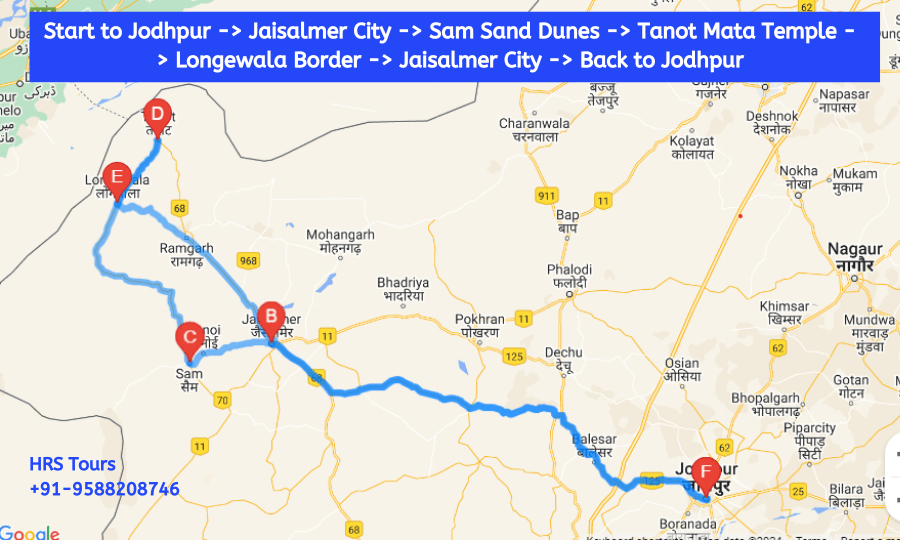 Start to Jodhpur to Jaisalmer City to Sam Sand Dunes to Tanot Mata Temple to Longewala Border to Jaisalmer City to Back to Jodhpur hrs tours 9588208746